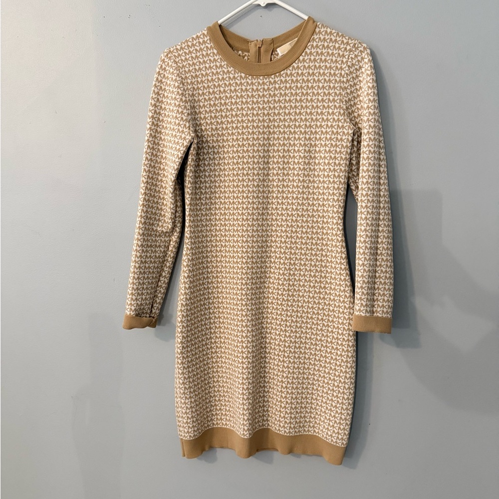Michael Kors Beige Geometric Long Sleeve Dress